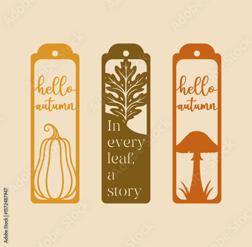 Autumn laser cut bookmarks with botanical leaves berries and mushroom elements
