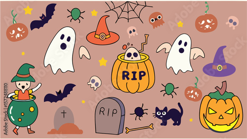 Halloween seamless background with pumpkins ghosts bats and spooky icons