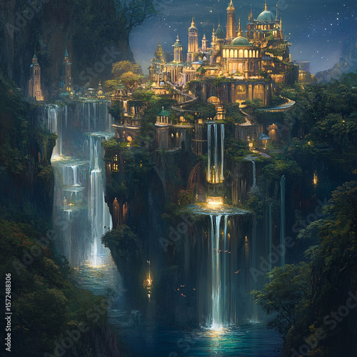 A magical kingdom with floating islands, sparkling waterfalls, and glowing trees
