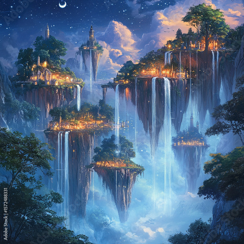 A magical kingdom with floating islands, sparkling waterfalls, and glowing trees