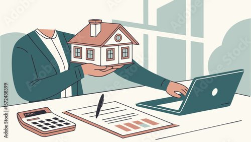 Real estate agent presenting house model and working on laptop for property investment and mortgage application