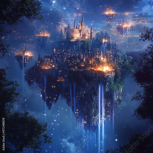 A magical kingdom with floating islands, sparkling waterfalls, and glowing trees