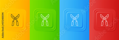 White Gardening handmade scissors for trimming icon isolated on colorful background. Pruning shears with wooden handles. Set icons in square buttons. Vector