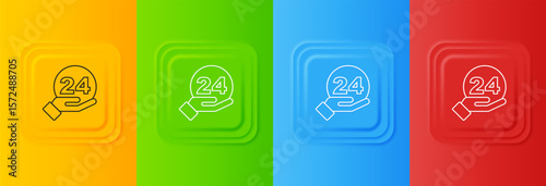 White Telephone 24 hours support icon isolated on colorful background. All-day customer support call-center. Full time call services. Set icons in square buttons. Vector