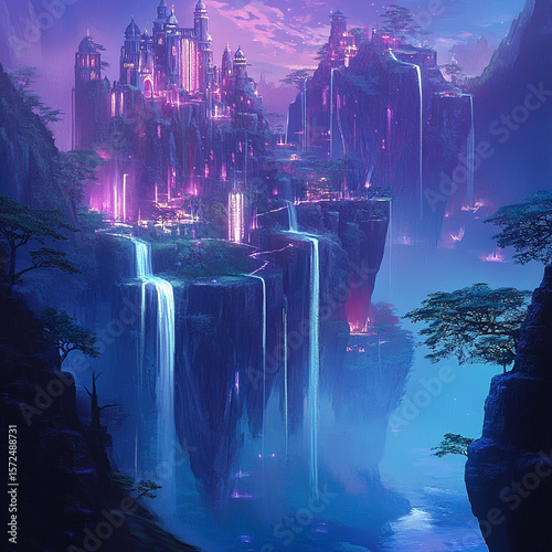 A magical kingdom with floating islands, sparkling waterfalls, and glowing trees