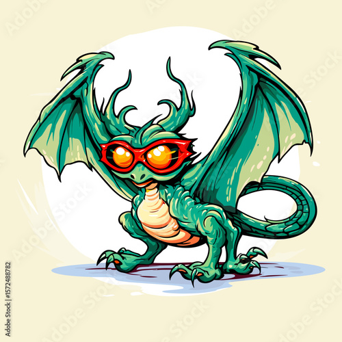 Cute and funny fairy tale dragon with glasses in vector pop art style.