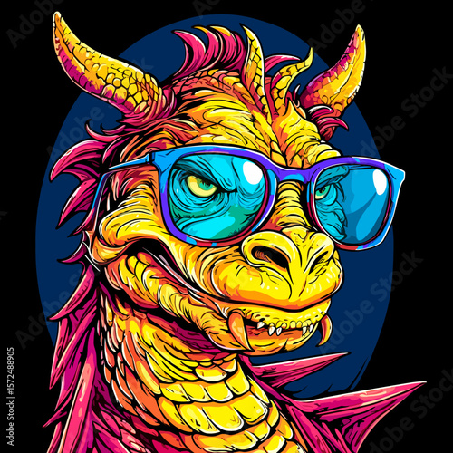 Cute and funny fairy tale dragon with glasses in vector pop art style.