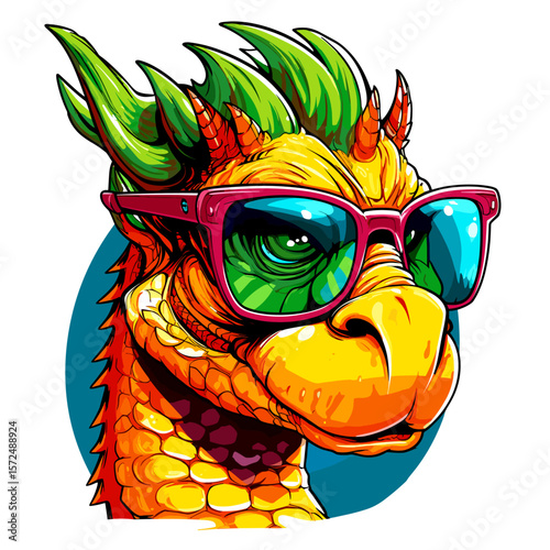 Cute and funny fairy tale dragon with glasses in vector pop art style.