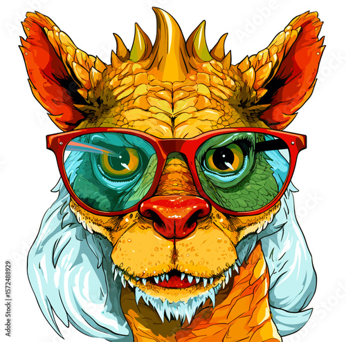 Cute and funny fairy tale dragon with glasses in vector pop art style.