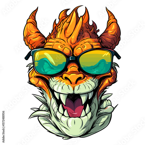 Cute and funny fairy tale dragon with glasses in vector pop art style.