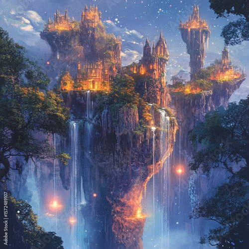 A magical kingdom with floating islands, sparkling waterfalls, and glowing trees