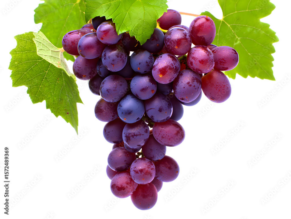 Fototapeta premium Lush Red and Purple Grapes with Green Leaves Isolated on a Transparent Background image