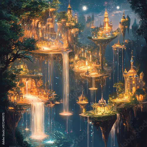 A magical kingdom with floating islands, sparkling waterfalls, and glowing trees