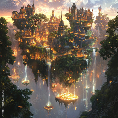 A magical kingdom with floating islands, sparkling waterfalls, and glowing trees