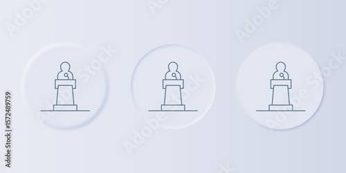 Grey Speaker icon isolated on grey background. Orator speaking from tribune. Public speech. Person on podium. Set icons in square buttons. Vector