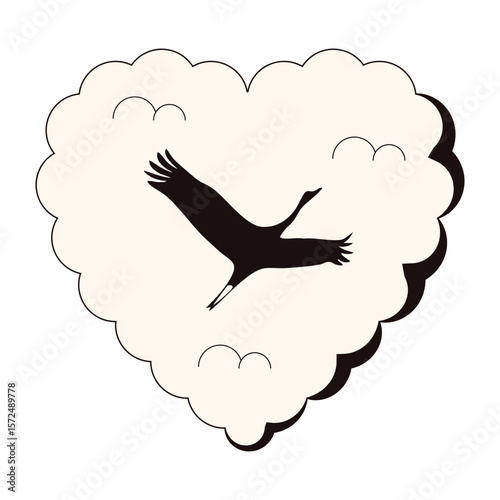 Stork in the sky. Vector illustration of stork silhouette on the heart cloud isolated transparent background. Freedom art. Ideal kids t-shirt print poster copybook cover template design. EPS 10