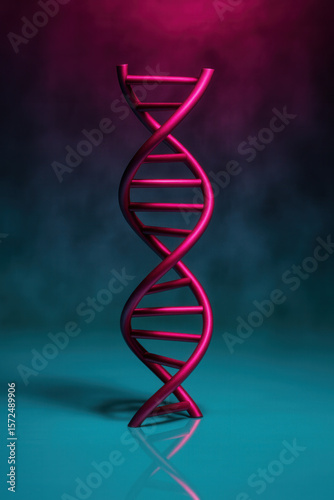Metallic Magenta DNA Double Helix Standing on Teal Reflective Surface