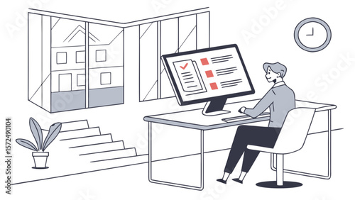 Man working on computer at desk checklist online survey form office workplace interior design illustration