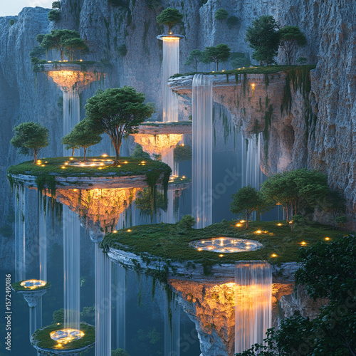 A magical kingdom with floating islands, sparkling waterfalls, and glowing trees