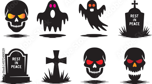 Halloween icons skulls ghosts gravestones crosses