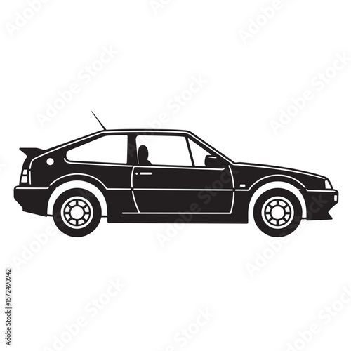 Black and white illustration of a classic coupe car silhouette on a white background