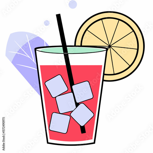 A glass filled with orange juice and ice cubes, garnished with a slice of orange on white background