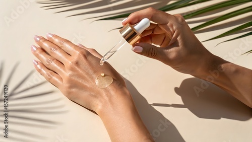 Close up of a person's hands applying serum