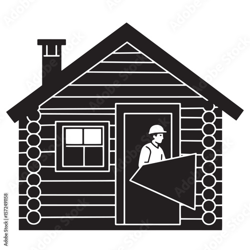Black and white illustration of a construction worker inside a cabin building project