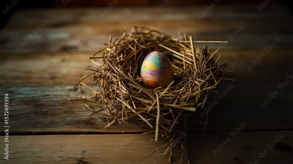 A hand gently places a beautifully decorated Easter egg into a rustic bird's nest made of twigs, set on a wooden surface, symbolizing the traditions and joy of Easter.