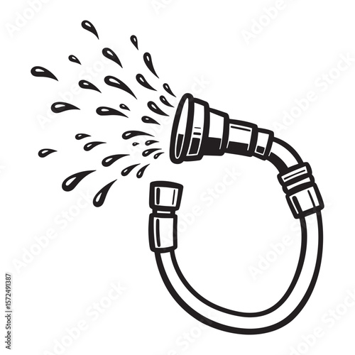 Black and white illustration of a garden hose spraying water drops outwards