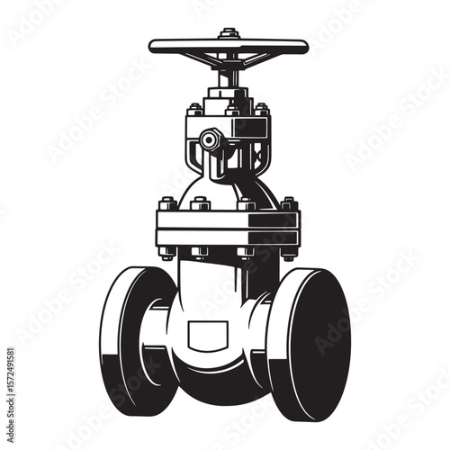 Black and white illustration of a metal industrial gate valve isolated on white background