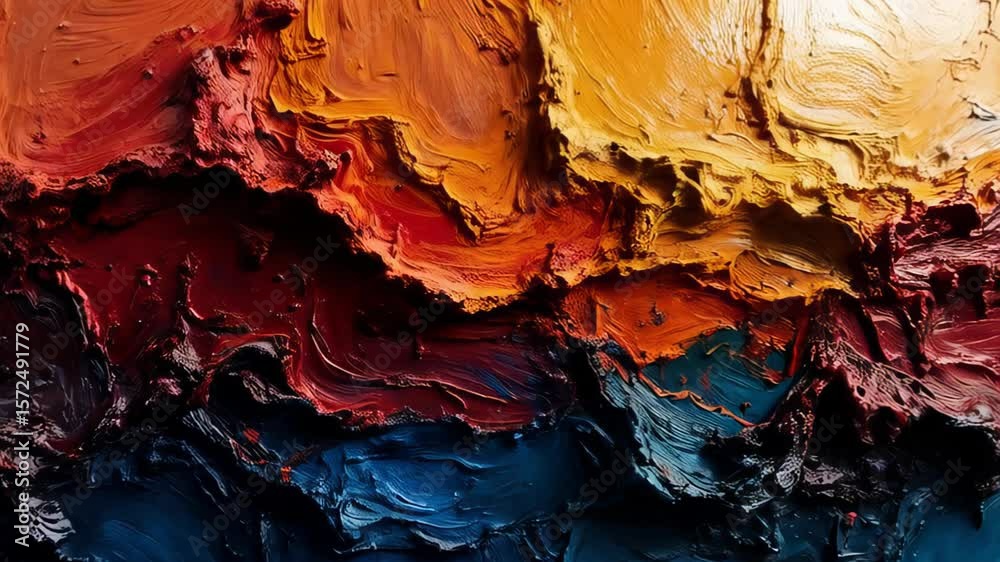 A vibrant, textured close-up of thick oil paint strokes in rich shades of red, orange, yellow, and blue, creating an abstract and artistic background, a concept of creativity and expression.