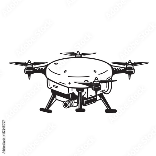 Black and white illustration of a modern drone with quadcopter propellers and camera