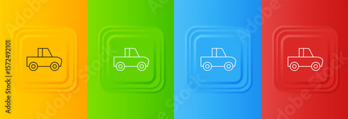 White Pickup truck icon isolated on colorful background. Set icons in square buttons. Vector