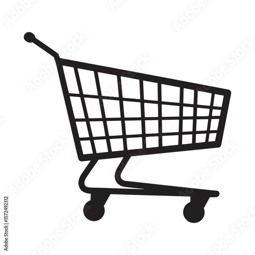 Black and white illustration of a shopping cart symbol on white background.