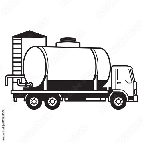 Black and white illustration of a tanker truck for industrial liquid transport