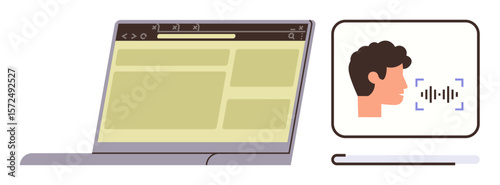 Open laptop with a browser interface alongside a screen showing a profile speaking, indicating voice command processing. Ideal for technology, communication, AI, accessibility, voice recognition