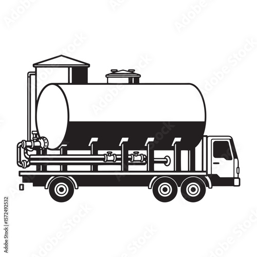 Black and white illustration of a tanker truck transporting liquid material