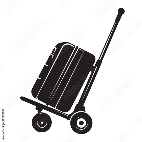 Black and white illustration of luggage suitcase on a wheeled trolley for travel concepts