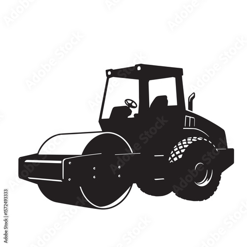 Black and white road roller construction vehicle isolated on white background vector illustration