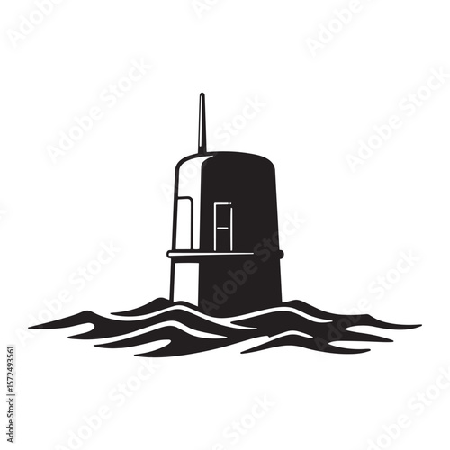 Black and white silhouette of a submarine emerging from the ocean waves illustration
