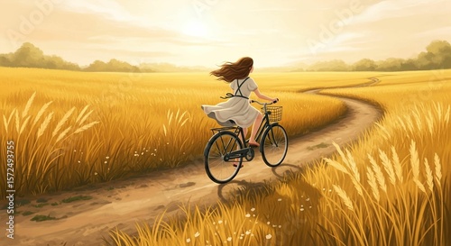 Sun-Kissed Bicycle Ride — Serene Girl Cycling Through Golden August Fields