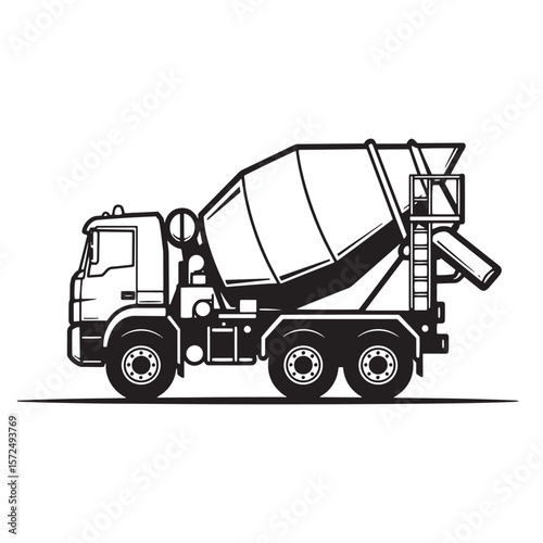 Black and white vector illustration of a concrete mixer truck for construction projects