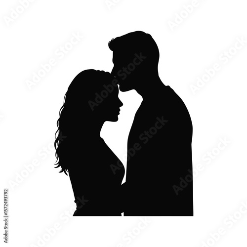 Romantic Couple Silhouette Man Kissing Woman on Forehead Black and White Vector Illustration