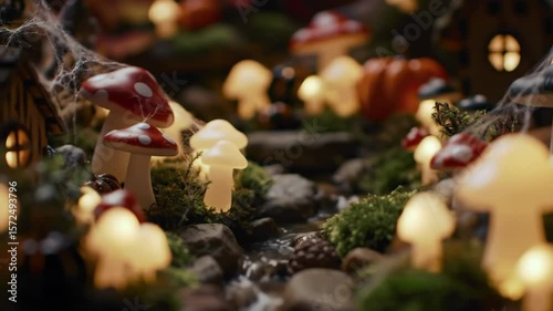Miniature fantasy garden scene with glowing mushrooms and stream at night