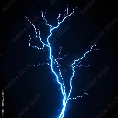 Dramatic blue lightning bolt strikes on black background weather electricity