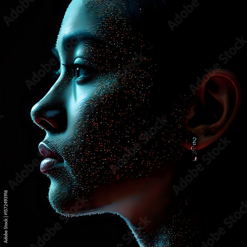 Portrait of woman face with digital particles glowing in dark background