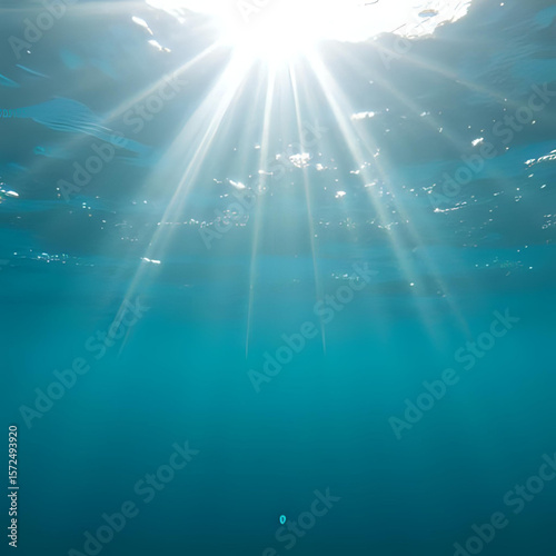 Underwater photography of ocean with sunlight rays shining through water surface