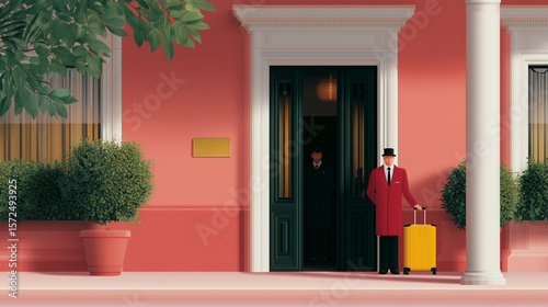 Elegant doorman greets guests outside a vibrant hotel entrance in the afternoon sunshine