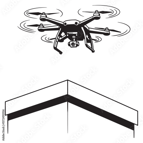 Black and white vector illustration of a drone flying near a building rooftop
